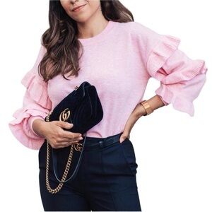 J. Crew Womens Ruffle Sleeve Sweater Sz Large Pink Wool Blend